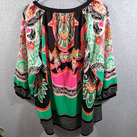 Gibson Latimer Women 2X Plus Top Tunic 3/4 Sleeve Multicolor V-Neck Tie Boho - Picture 2 of 10